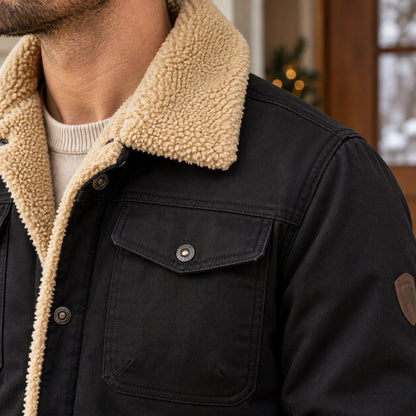 bomber jacket — Men's Sherpa Lined Snap Front Jacket — Logan — Black — close up of the beige collar and shoulder — view 12