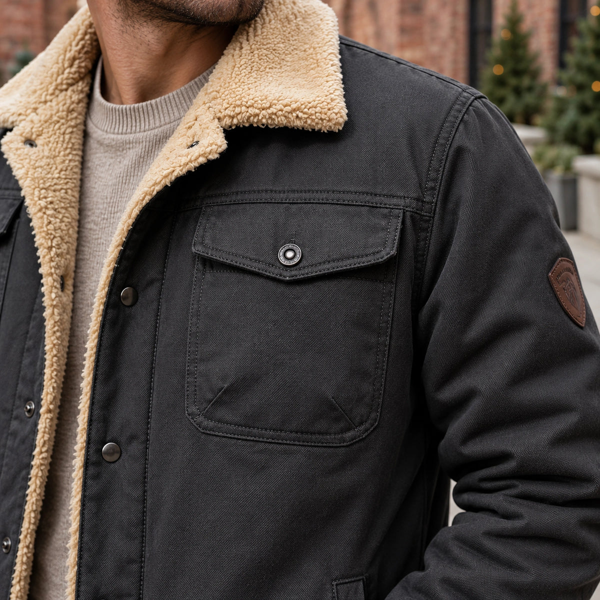 bomber jacket — Men's Sherpa Lined Snap Front Jacket — Logan — Charcoal — close up of the chest patch pocket flap — view 13