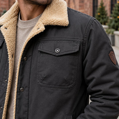 bomber jacket — Men's Sherpa Lined Snap Front Jacket — Logan — Charcoal — close up of the chest patch pocket flap — view 13