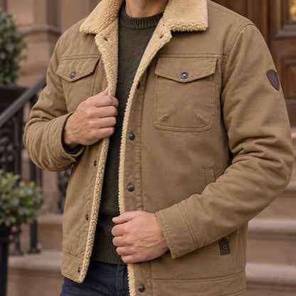 bomber jacket — Men's Sherpa Lined Snap Front Jacket — Logan — Khaki — close up of the placket and visible beige — view 14