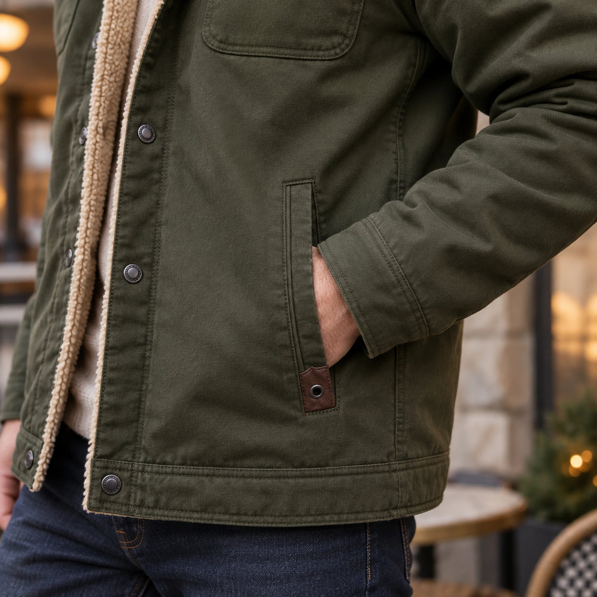 bomber jacket — Men's Sherpa Lined Snap Front Jacket — Logan — Olive Green — close up of the vertical lower welt — view 15