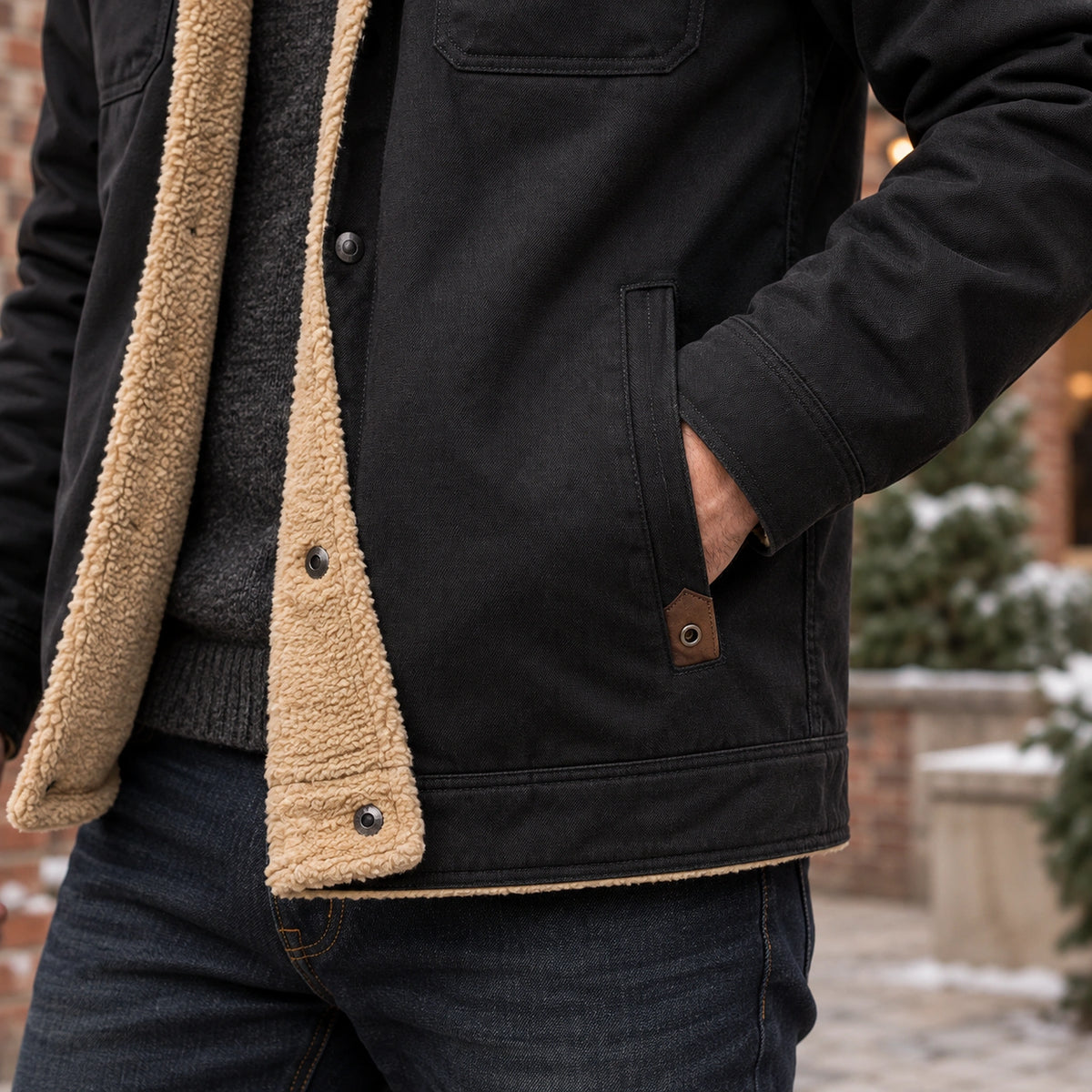bomber jacket — Men's Sherpa Lined Snap Front Jacket — Logan — Black — close up of the lower hem construction and — view 17