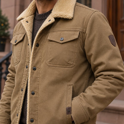 bomber jacket — Men's Sherpa Lined Snap Front Jacket — Logan — Khaki — close up of the woven shell texture and — view 18