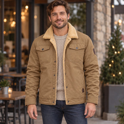 bomber jacket — Men's Sherpa Lined Snap Front Jacket — Logan — Khaki — complete view, product focused image — view 3