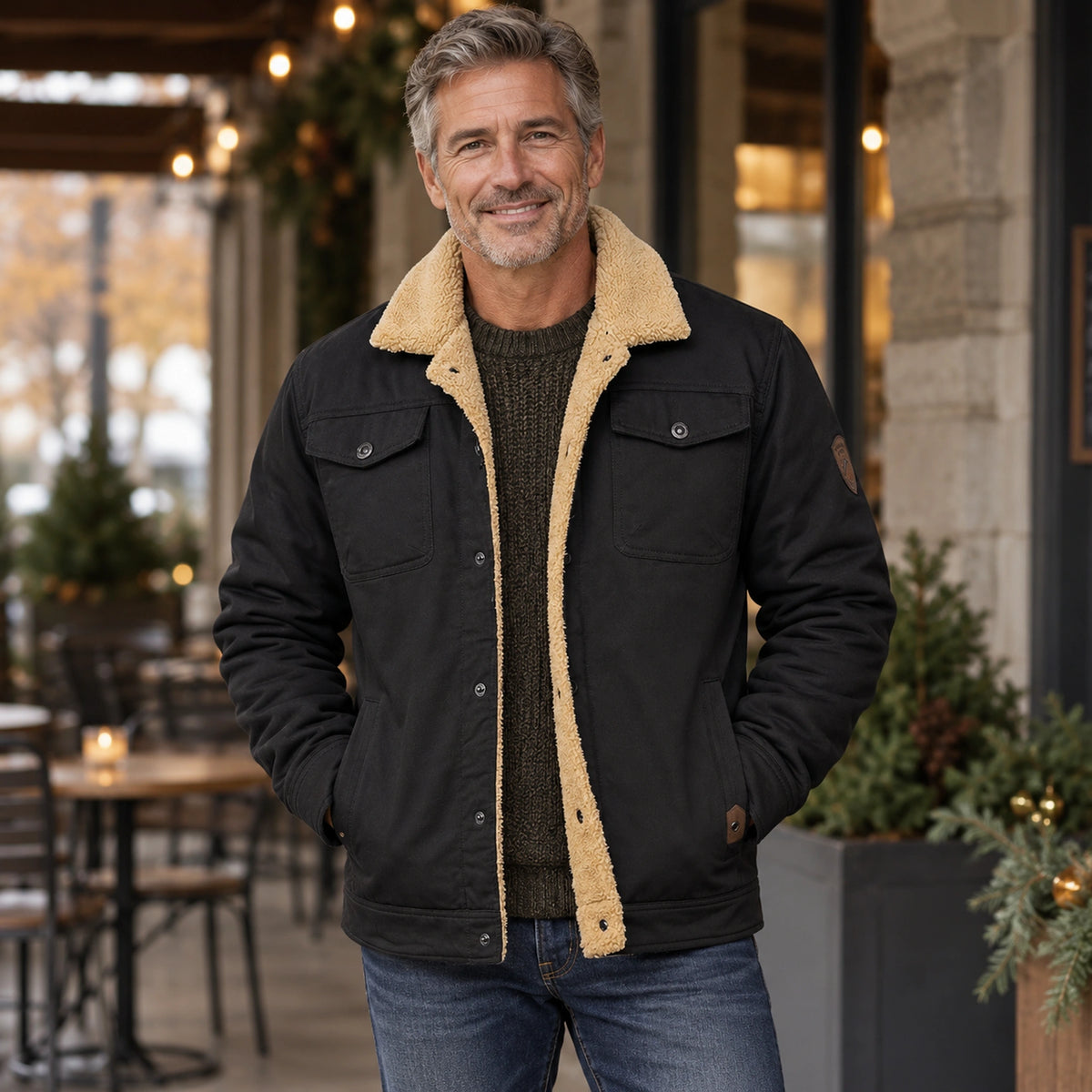 bomber jacket — Men's Sherpa Lined Snap Front Jacket — Logan — Black — straight complete view on an older model — view 6