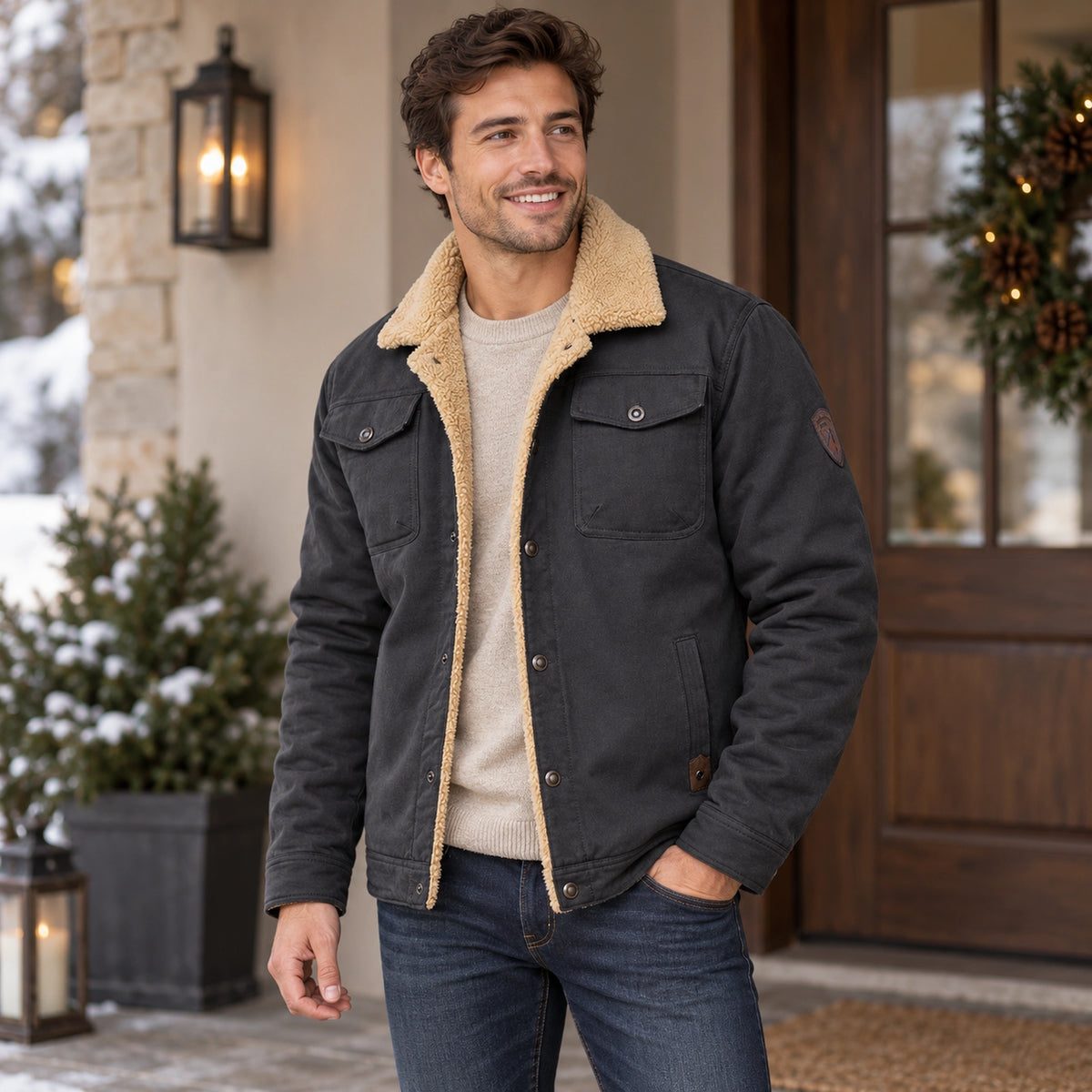 bomber jacket — Men's Sherpa Lined Snap Front Jacket — Logan — Charcoal — complete garment from a shallow 20 degree — view 7