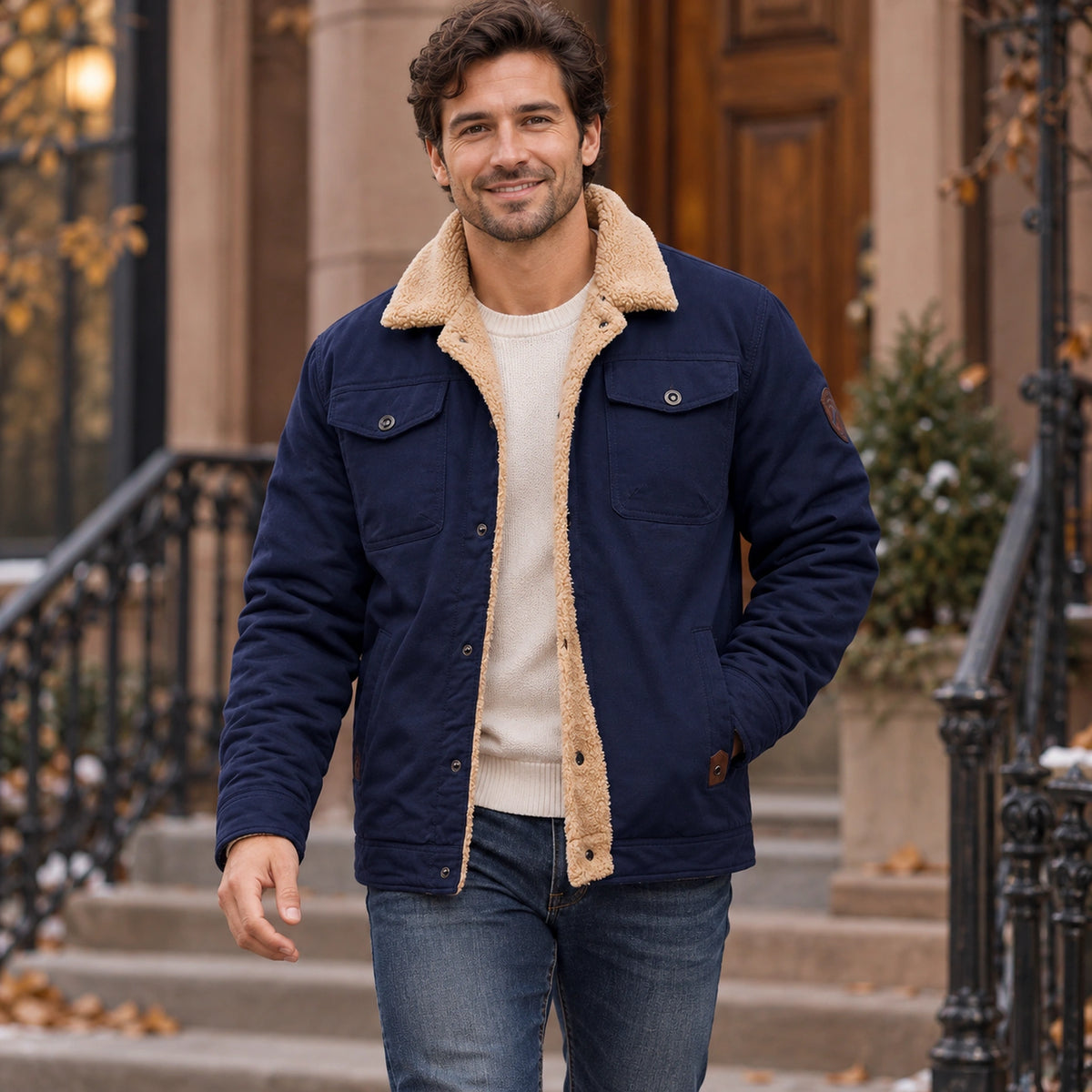 bomber jacket — Men's Sherpa Lined Snap Front Jacket — Logan — Navy — complete garment in a gentle walking pose — view 9