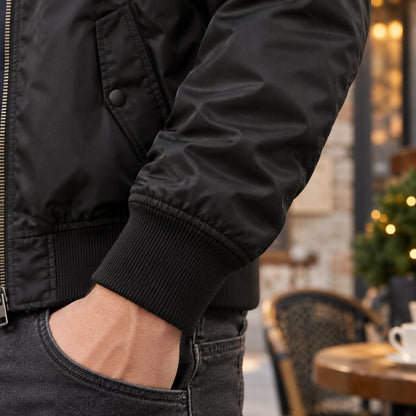Men's Zip Front Bomber Jacket — Joey — Black — close up of ribbed cuff meeting the smooth sleeve shell — view 11