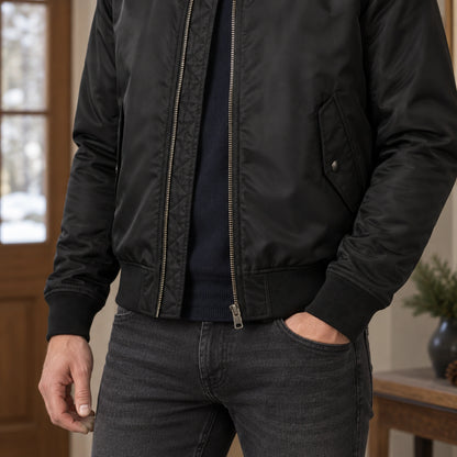 Men's Zip Front Bomber Jacket — Joey — Black — close up of the ribbed hem and zipper base — view 12