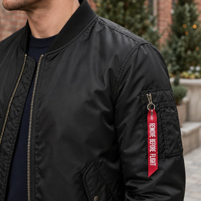 Men's Zip Front Bomber Jacket — Joey — Black — close up of the subtle shell sheen and shoulder seam — view 13