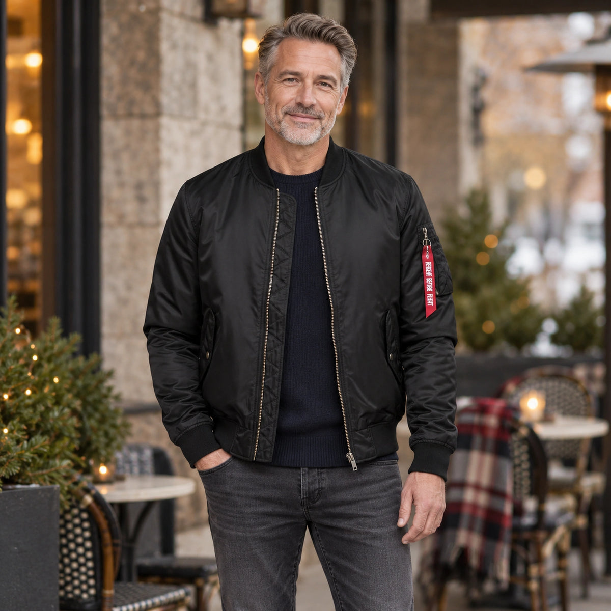 Men's Zip Front Bomber Jacket — Joey — Black — straight complete view on an older model, relaxed natural stance — view 2