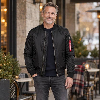 Men's Zip Front Bomber Jacket — Joey — Black — straight complete view on an older model, relaxed natural stance — view 2