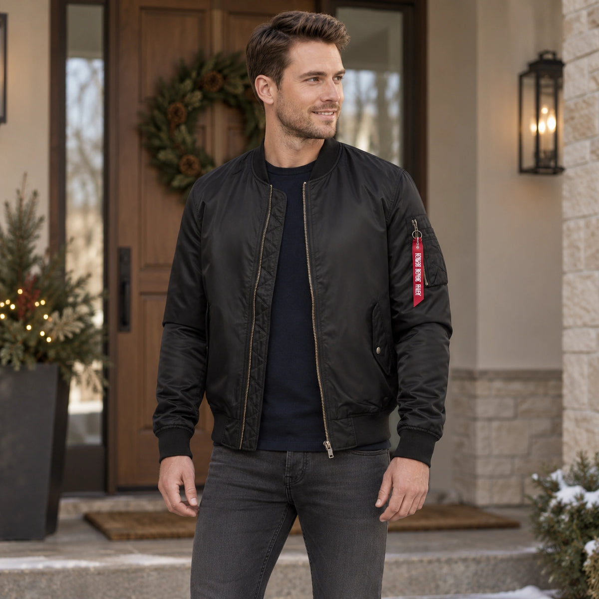 Men's Zip Front Bomber Jacket — Joey — Black — complete garment from a shallow 20 degree left angle, arms relaxed — view 3