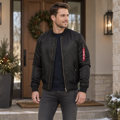 Men's Zip Front Bomber Jacket — Joey — Black — complete garment from a shallow 20 degree left angle, arms relaxed — view 3