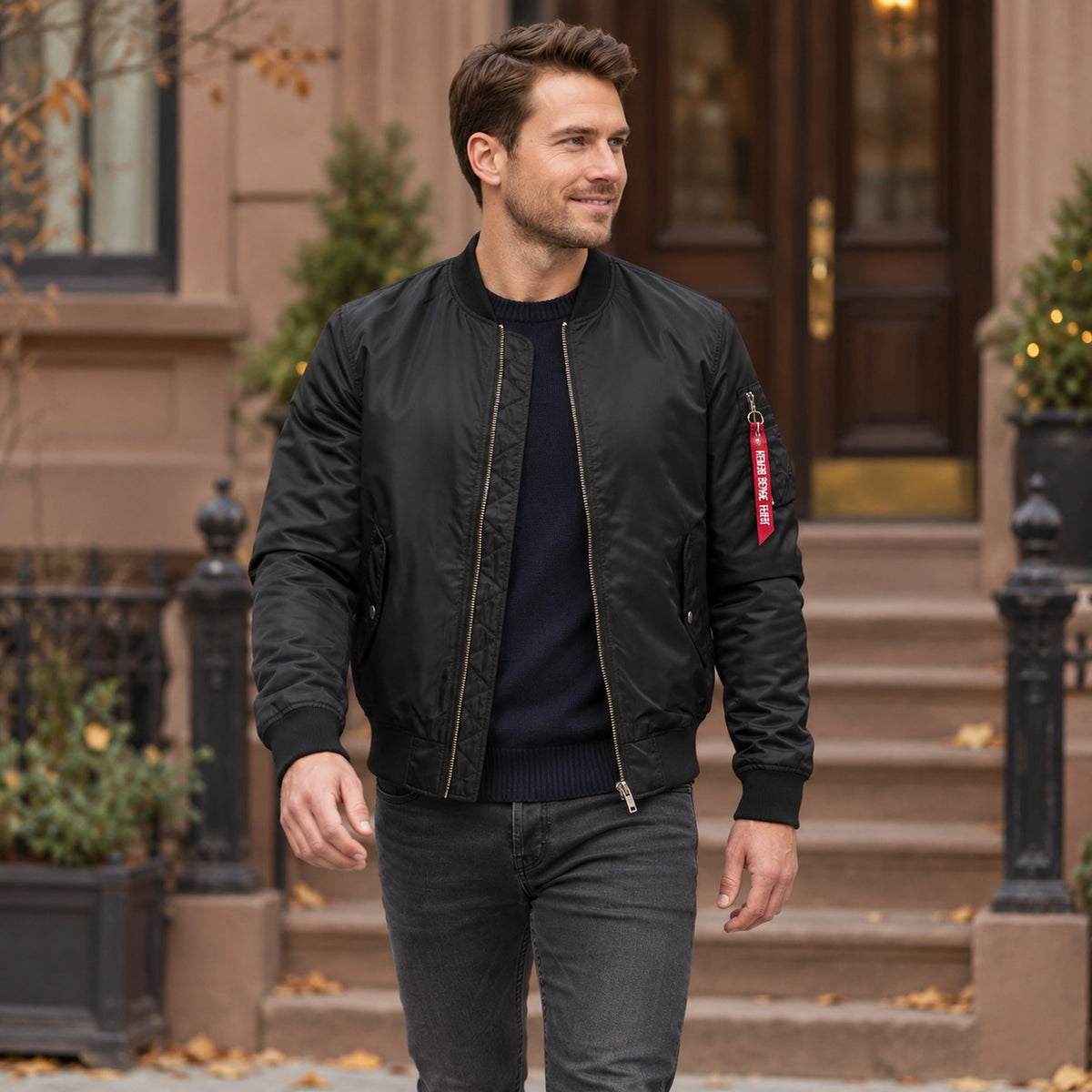 Men's Zip Front Bomber Jacket — Joey — Black — complete garment in a gentle walking pose toward camera, visible with — view 5