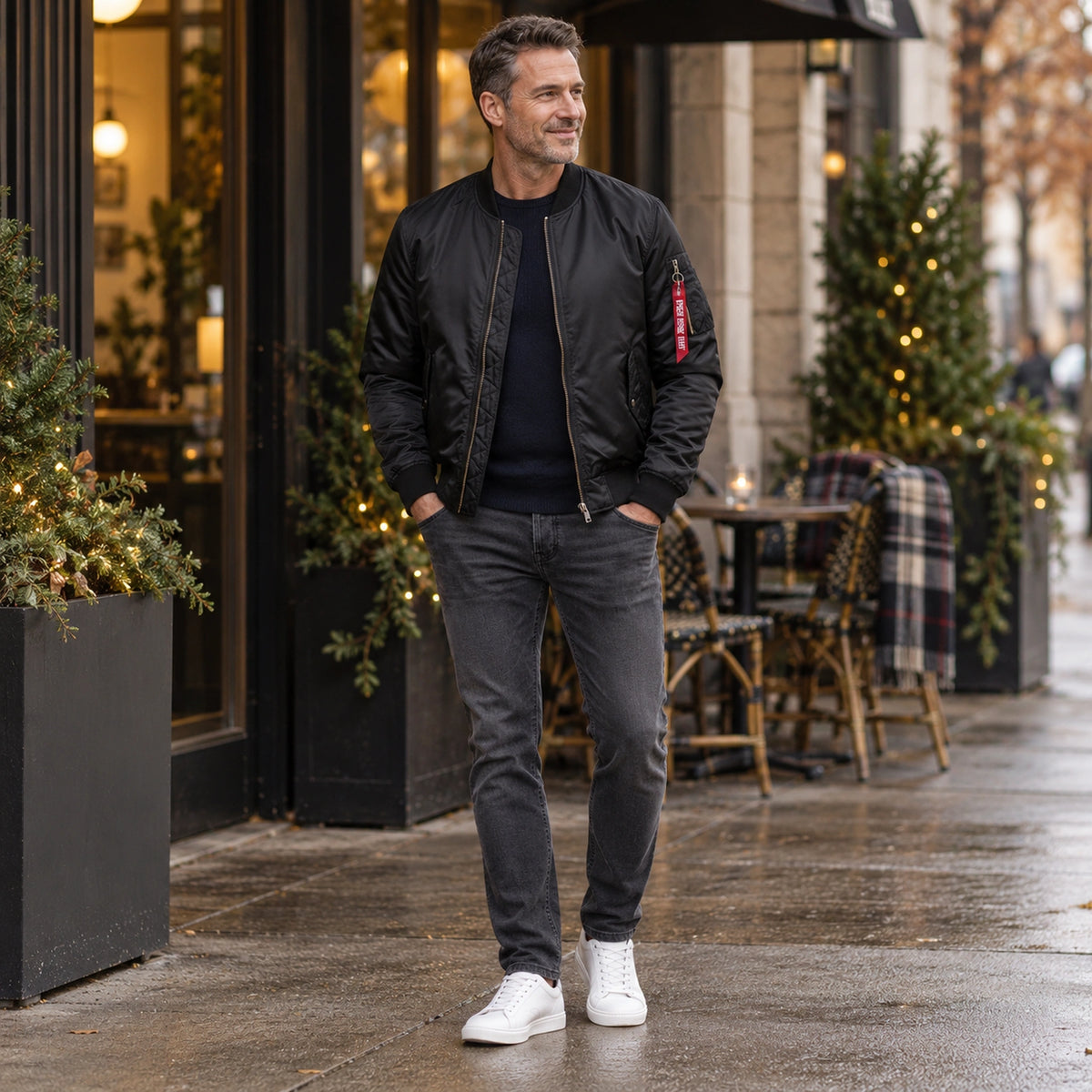 Men's Zip Front Bomber Jacket — Joey — Black — full outfit while standing naturally by a sheltered elegant — view 6
