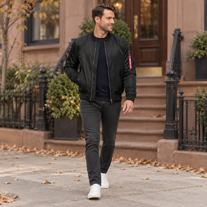 Men's Zip Front Bomber Jacket — Joey — Black — full outfit walking slowly along a tasteful US residential street on — view 7