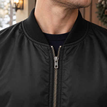 Men's Zip Front Bomber Jacket — Joey — Black — close up of the ribbed collar and top metal zipper — view 8