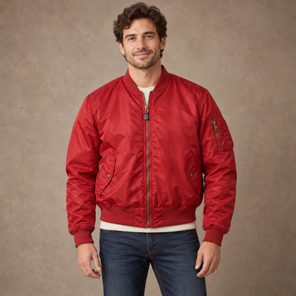 Men's Zip Front Utility Bomber Jacket — Alex — Red — complete view, image