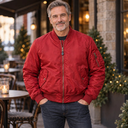Men's Zip Front Utility Bomber Jacket — Alex — Red — straight complete view on an older model, relaxed natural — view 10