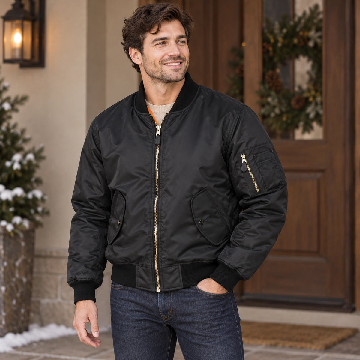 Men's Zip Front Utility Bomber Jacket — Alex — Black — complete garment from a shallow 20 degree left angle, arms — view 11