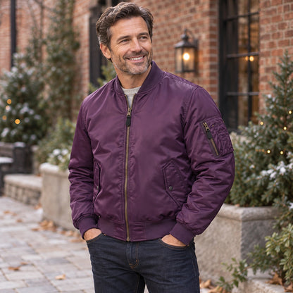 Men's Zip Front Utility Bomber Jacket — Alex — Purple — complete garment from a shallow 20 degree right angle, both — view 12