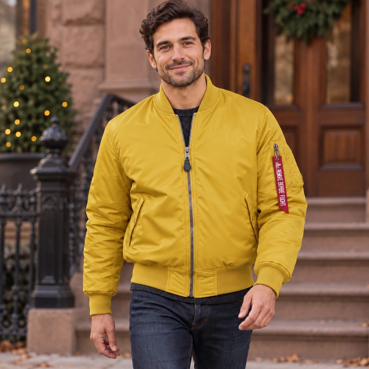Men's Zip Front Utility Bomber Jacket — Alex — Mustard Yellow — complete garment in a gentle walking pose toward — view 13