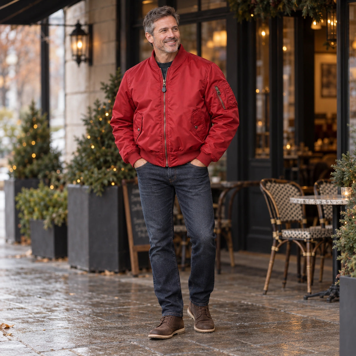 Men's Zip Front Utility Bomber Jacket — Alex — Red — full outfit while standing naturally by a sheltered elegant — view 14