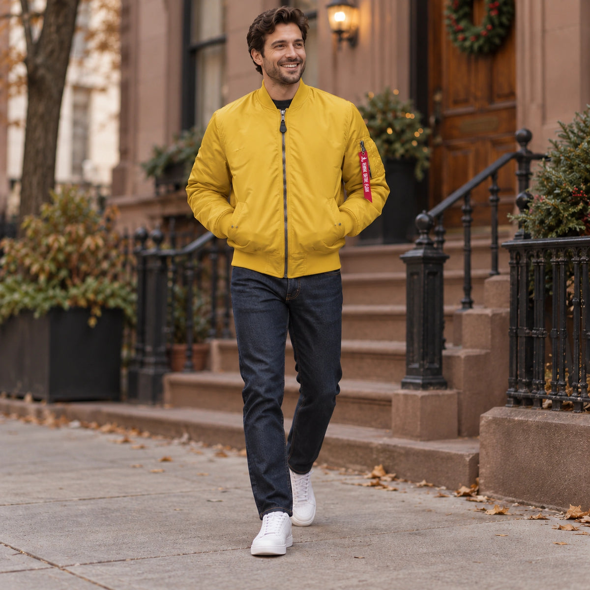 Men's Zip Front Utility Bomber Jacket — Alex — Mustard Yellow — full outfit walking slowly along a tasteful US — view 15