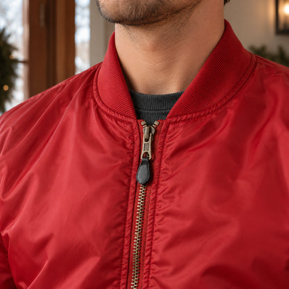 Men's Zip Front Utility Bomber Jacket — Alex — Red — close up of the rib collar and zipper pull — view 16