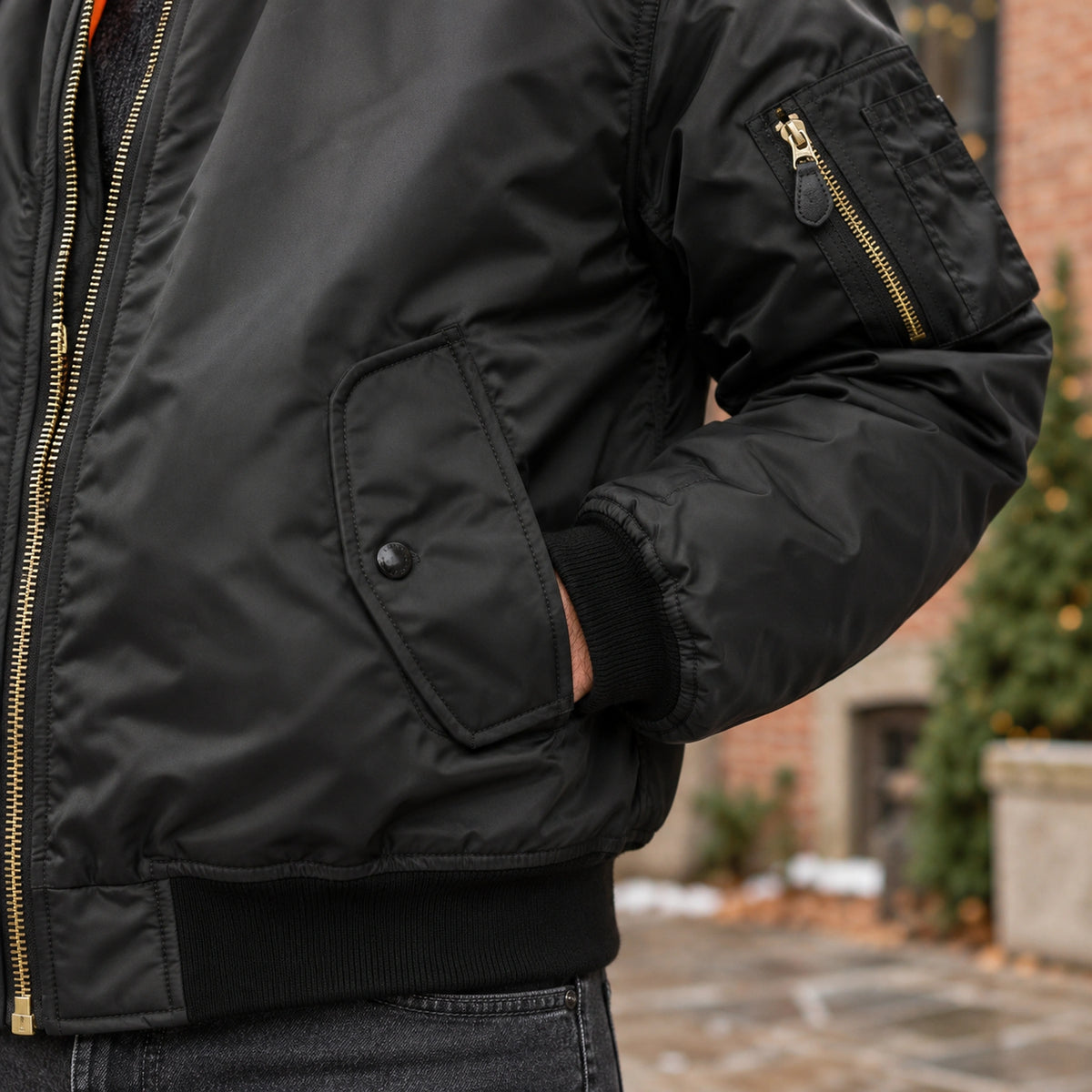 Men's Zip Front Utility Bomber Jacket — Alex — Black — close up of the snap flap pocket — view 17