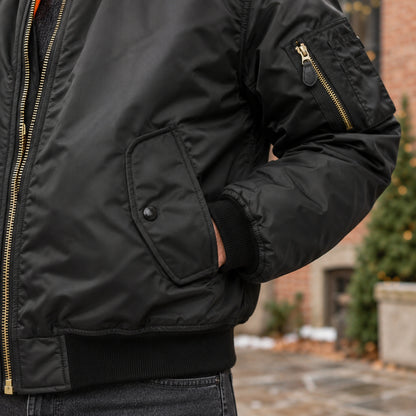Men's Zip Front Utility Bomber Jacket — Alex — Black — close up of the snap flap pocket — view 17
