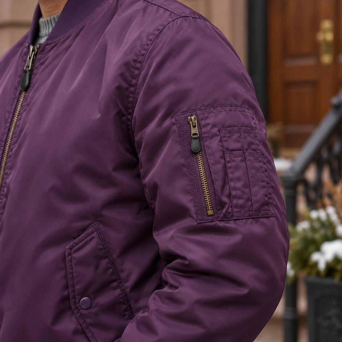 Men's Zip Front Utility Bomber Jacket — Alex — Purple — close up of the sleeve zipper — view 18