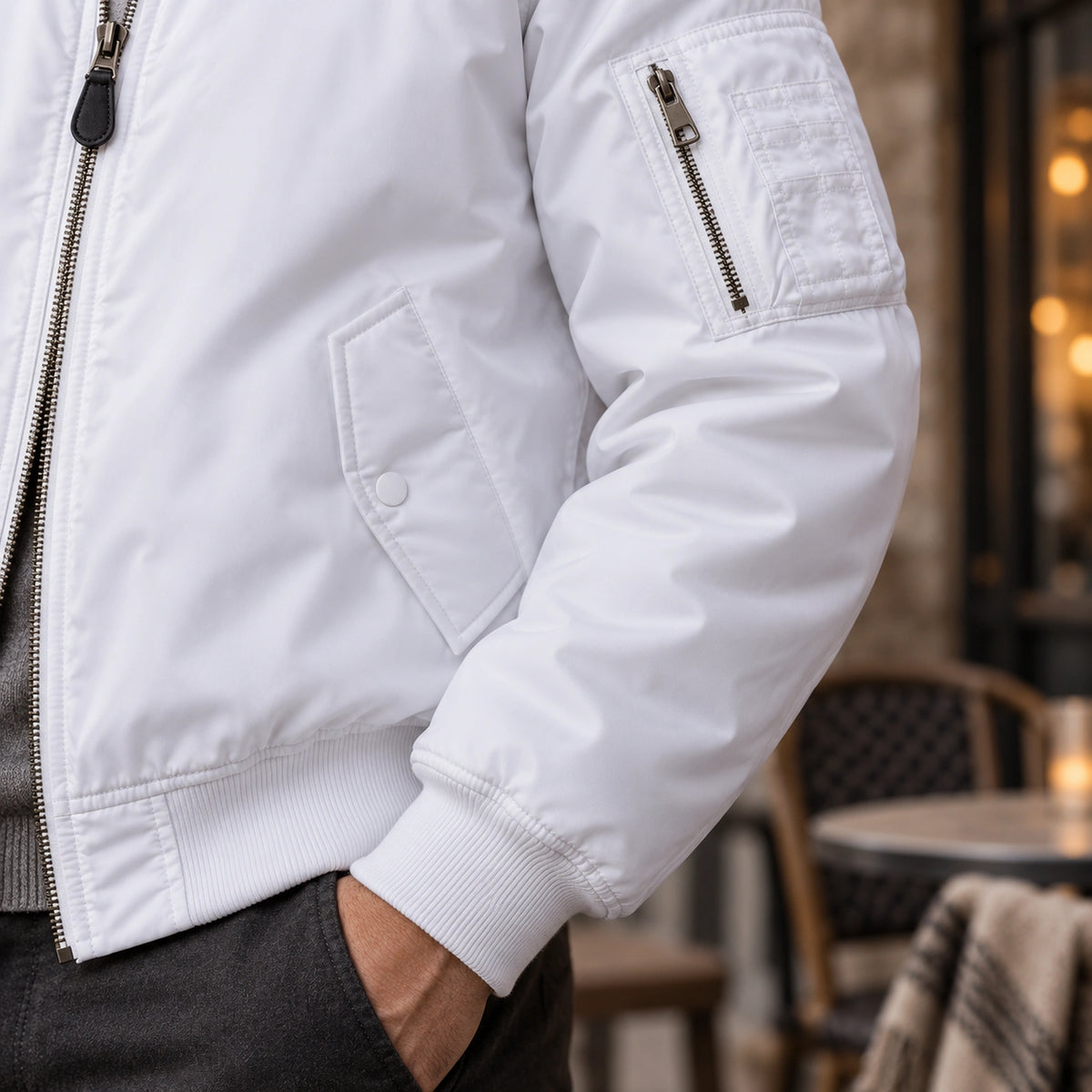 Men's Zip Front Utility Bomber Jacket — Alex — White — close up of the ribbed cuff and shell texture — view 19