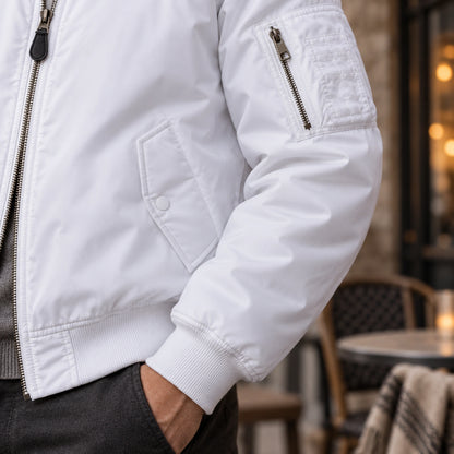 Men's Zip Front Utility Bomber Jacket — Alex — White — close up of the ribbed cuff and shell texture — view 19