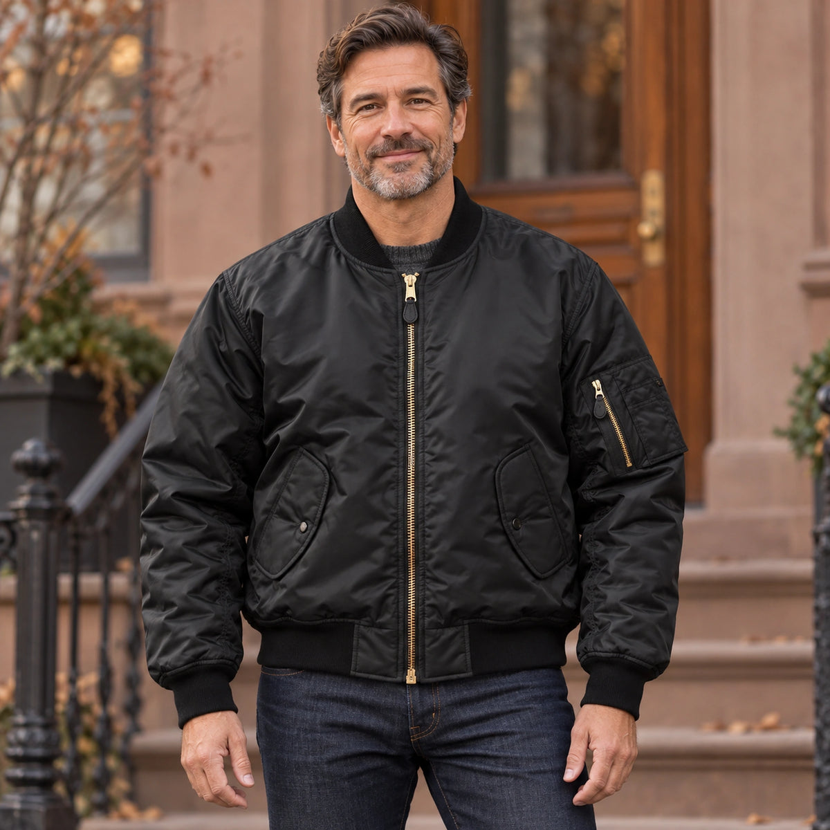 Men's Zip Front Utility Bomber Jacket — Alex — Black — complete view, product focused image — view 2