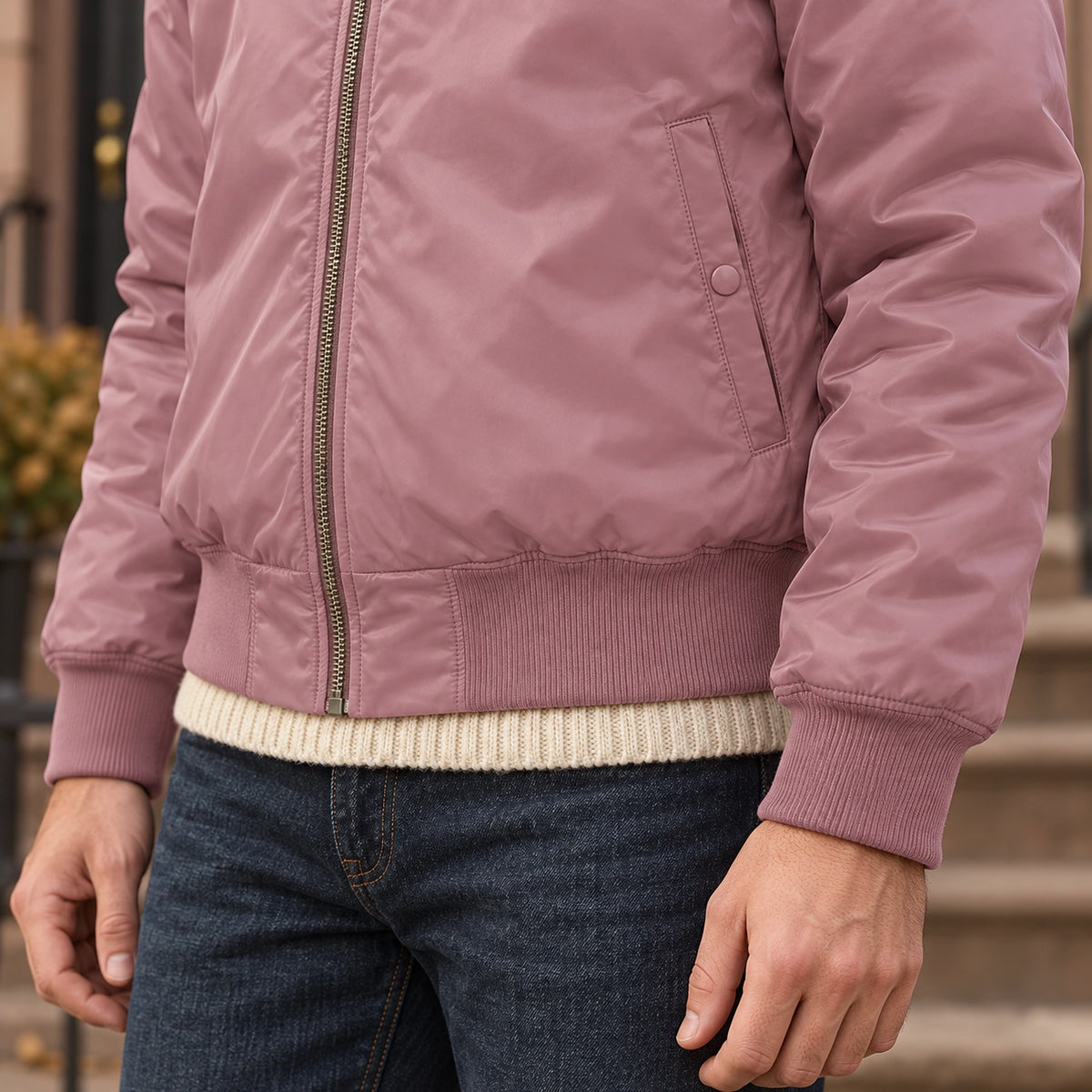 Men's Zip Front Utility Bomber Jacket — Alex — Dusty Pink — pocket, cuff and hem detail — view 20