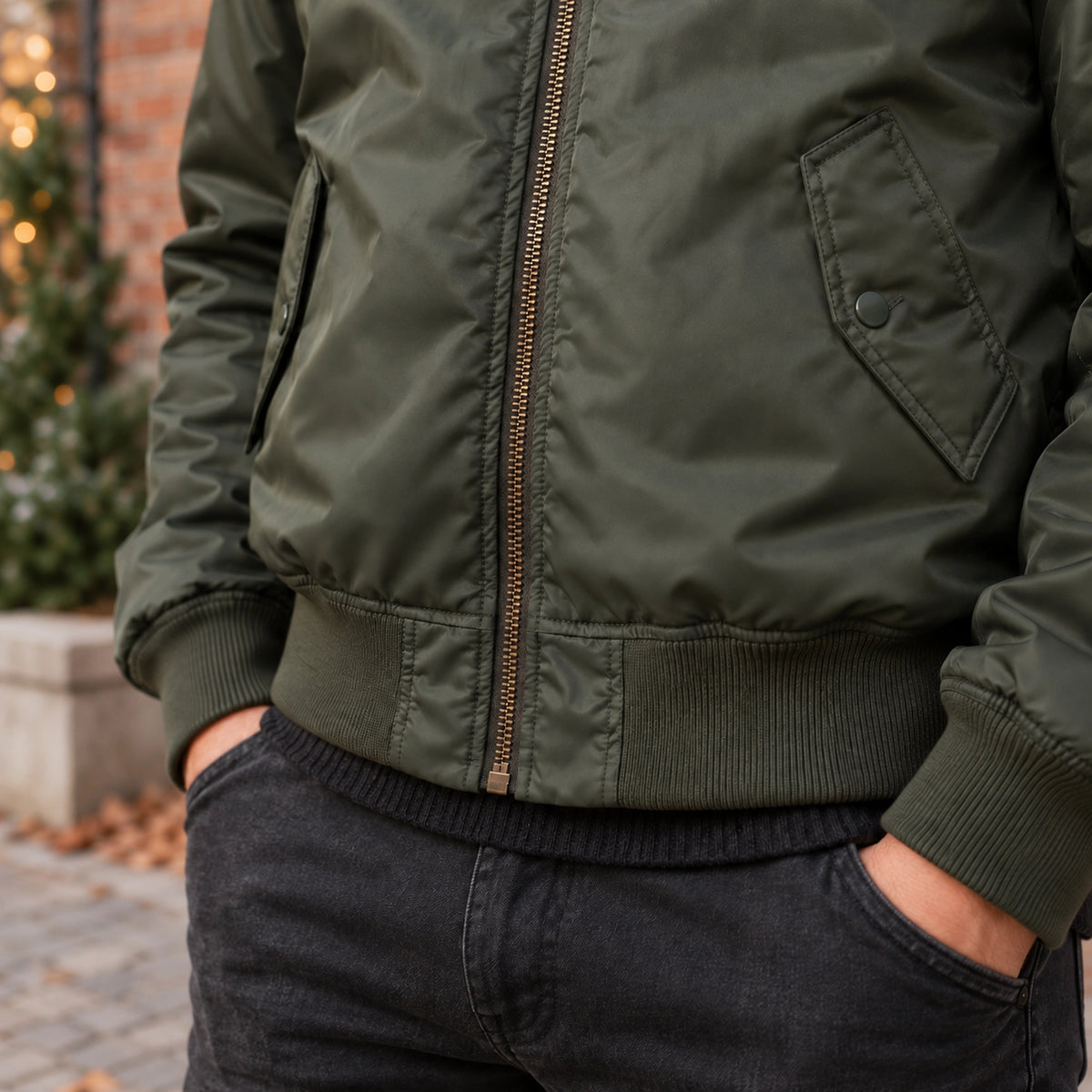 Men's Zip Front Utility Bomber Jacket — Alex — Olive Green — close up of the rib hem and zipper base — view 21