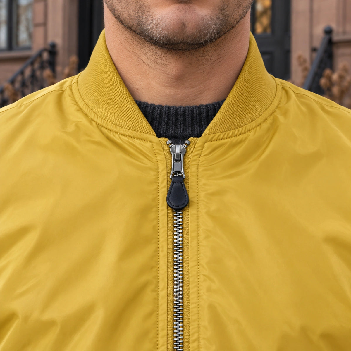 Men's Zip Front Utility Bomber Jacket — Alex — Mustard Yellow — collar and zipper detail — view 22