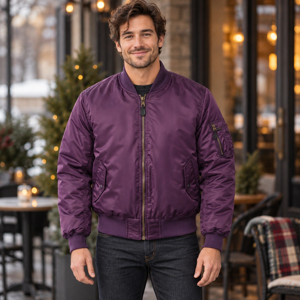 Men's Zip Front Utility Bomber Jacket — Alex — Purple — complete view, product focused image — view 3