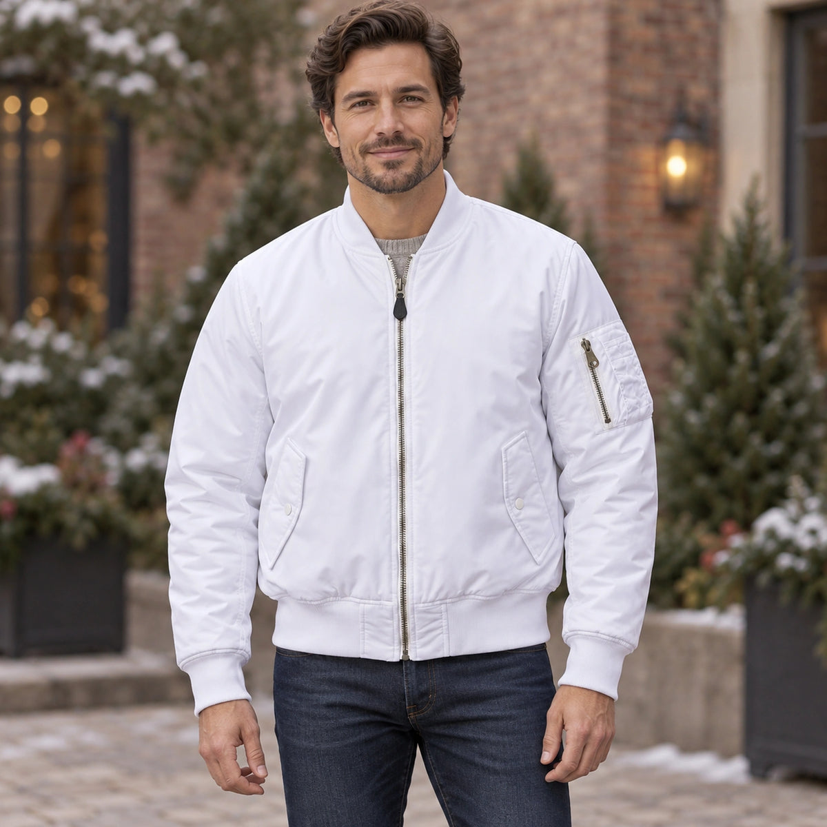 Men's Zip Front Utility Bomber Jacket — Alex — White — complete view, product focused image — view 5