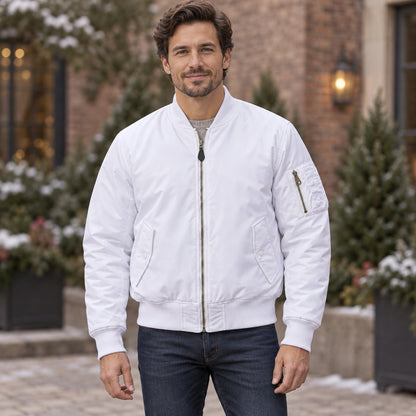 Men's Zip Front Utility Bomber Jacket — Alex — White — complete view, product focused image — view 5