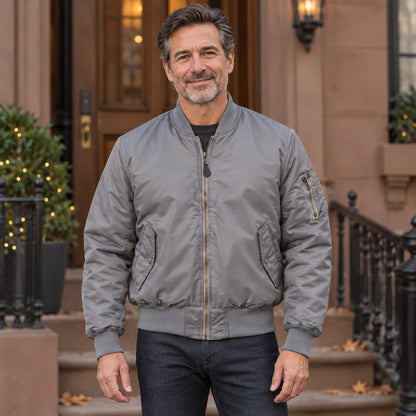 Men's Zip Front Utility Bomber Jacket — Alex — Gray — complete view, product focused image — view 6