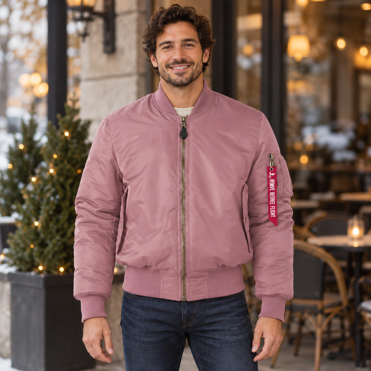 Men's Zip Front Utility Bomber Jacket — Alex — Dusty Pink — complete view, product focused image — view 7
