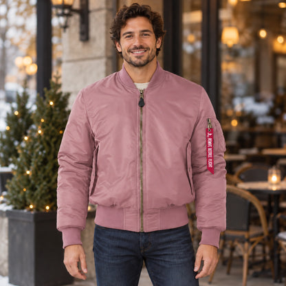 Men's Zip Front Utility Bomber Jacket — Alex — Dusty Pink — complete view, product focused image — view 7