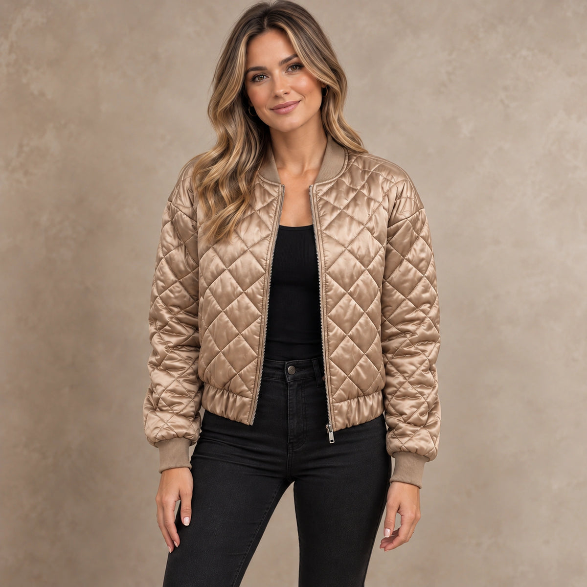 Women's Diamond Quilted Bomber Jacket — Marisa — Champagne Beige — complete front view, image