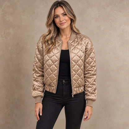 Women's Diamond Quilted Bomber Jacket — Marisa — Champagne Beige — complete front view, image