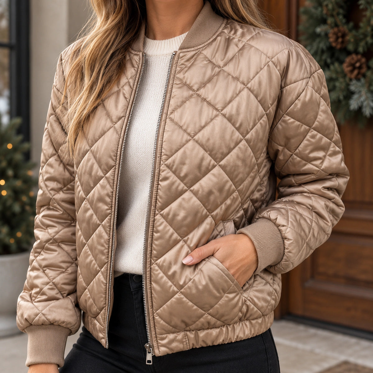 Women's Diamond Quilted Bomber Jacket — Marisa — Champagne Beige — close up of quilting and stitching — view 10