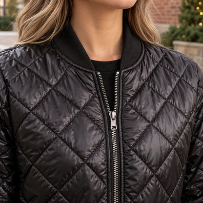 Women's Diamond Quilted Bomber Jacket — Marisa — Black — close up of the collar and center zipper — view 11