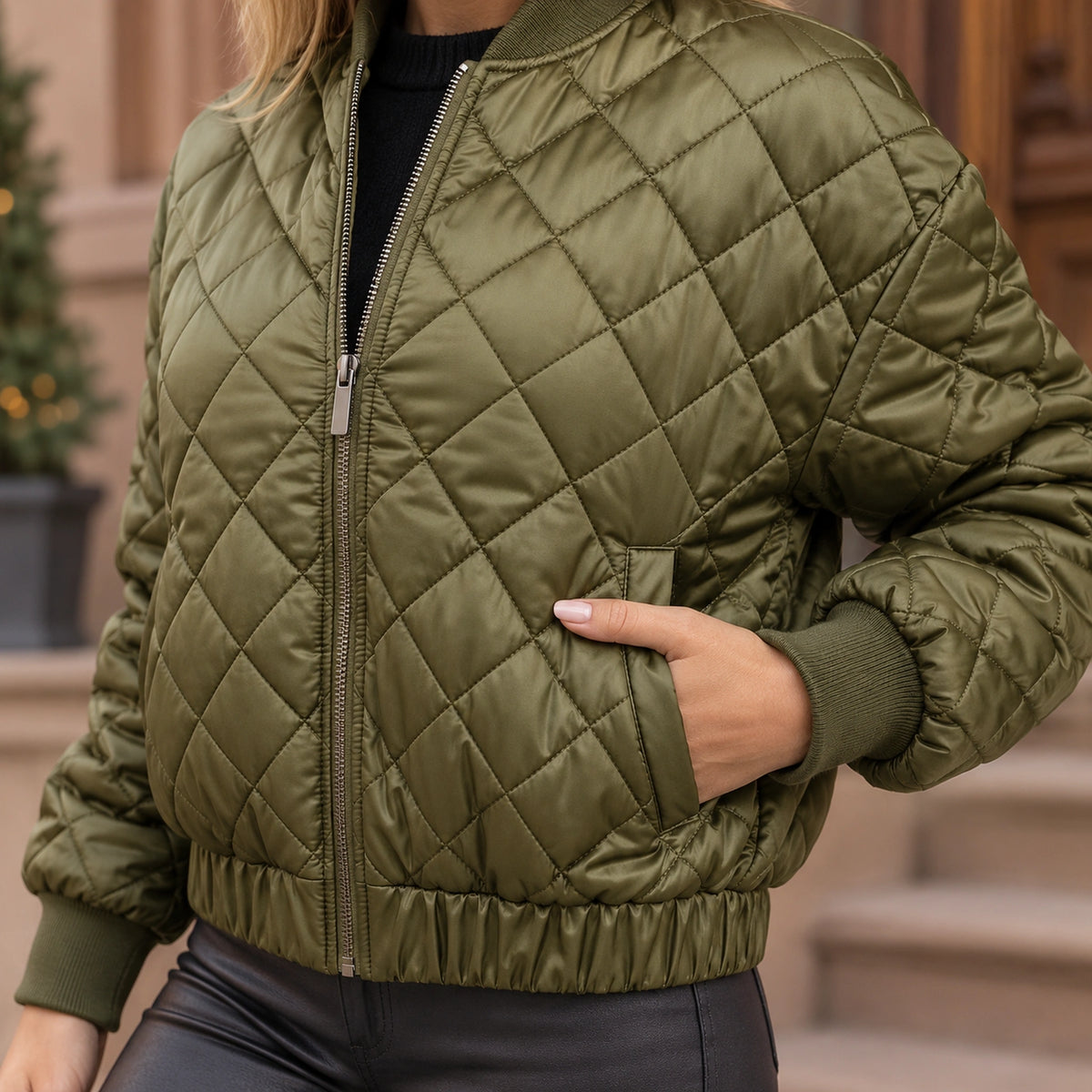 Women's Diamond Quilted Bomber Jacket — Marisa — Olive Green — close up of the vertical welt side pocket and — view 12